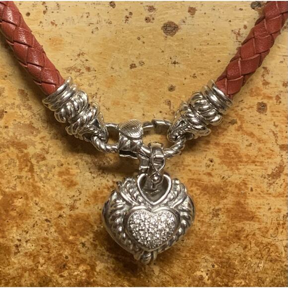 Judith Ripka Brown & Red Leather cords w/ Sterling Silver & CZ Heart Enhancer - Picture 6 of 9